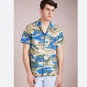 J.Crew Camp Collar Printed Slub Cotton Shirt Button Down in Blue Size Large